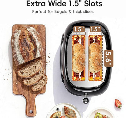 Toaster 2 Slice, Touch Screen Wide Slot Retro Toaster for Bagel & Thick Breads, Stainless Steel Smart Digital Toasters, 7 Bread Modes & 7 Browning Levels, Mute Mode, Memory, Defrost & Reheat, Black