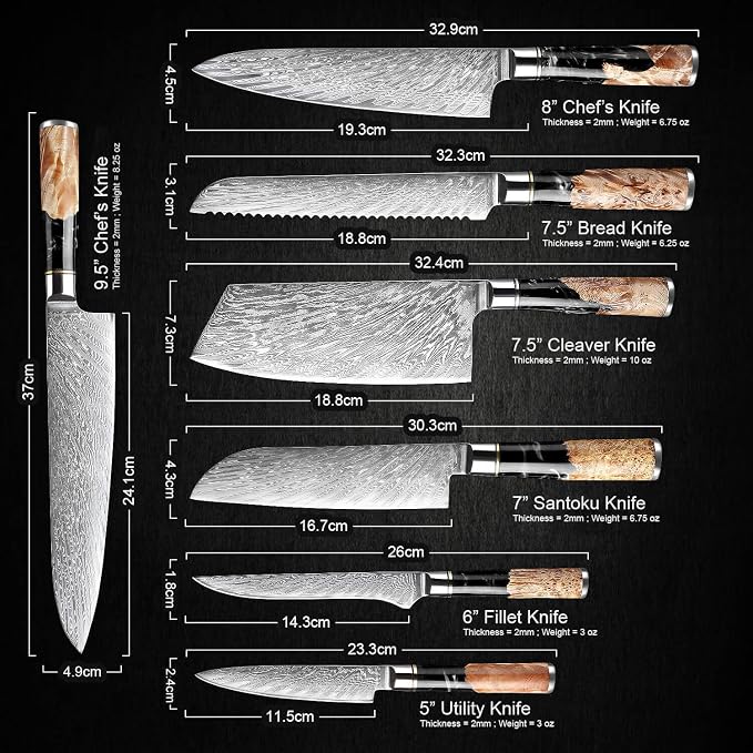 SENKEN 7-Piece Damascus Kitchen Knife Set - Tsunami Collection - 67-Layer Japanese VG10 Steel - Chef's Knife, Cleaver, Santoku, Bread, Boning, & More (Black Resin Blend)
