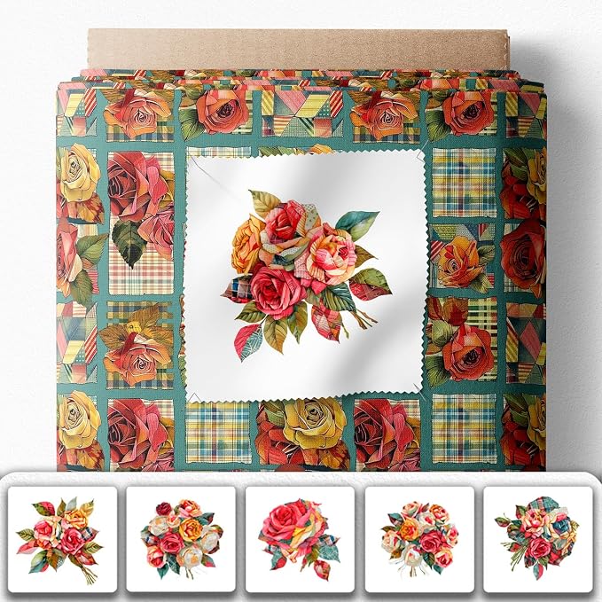 Vintage Rose Patchwork Cotton Fabric Panel – 6 Floral Designs (10×10 inch Each) + Bonus Patchwork Sheet 29.5×19.6 inch, 100% Cotton 140 GSM