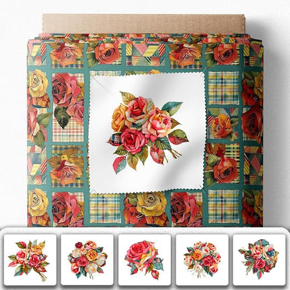 Vintage Rose Patchwork Cotton Fabric Panel – 6 Floral Designs (10×10 inch Each) + Bonus Patchwork Sheet 29.5×19.6 inch, 100% Cotton 140 GSM