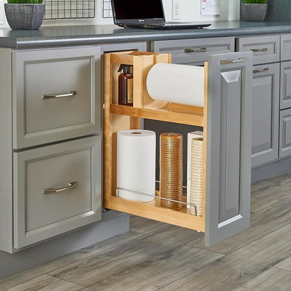 Rev-A-Shelf 8.75" Paper Towel Pullout Organizer, Wood Base Kitchen Cabinet Storage with Soft-Close Full Extension Slides, 448PTH-BCSC-8C