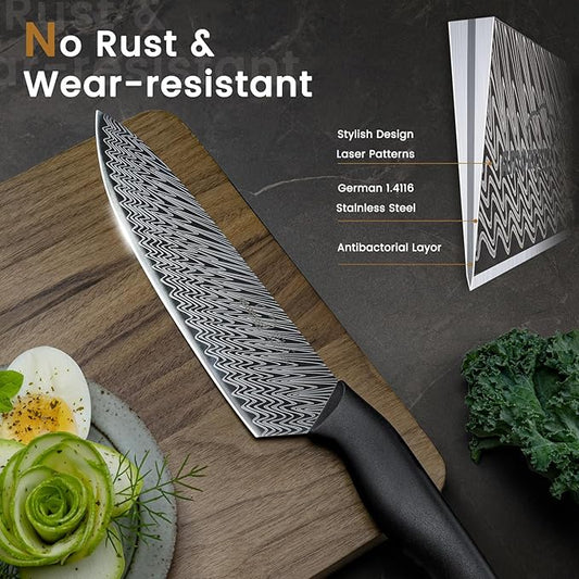 Amorston 15-Piece Kitchen Knife Set with Built-in Sharpener Block, German High-Carbon Stainless Steel Knives, Laser-Etched Blades, Dishwasher Safe, Ergonomic Handles, Elegant Gift for Modern Kitchens