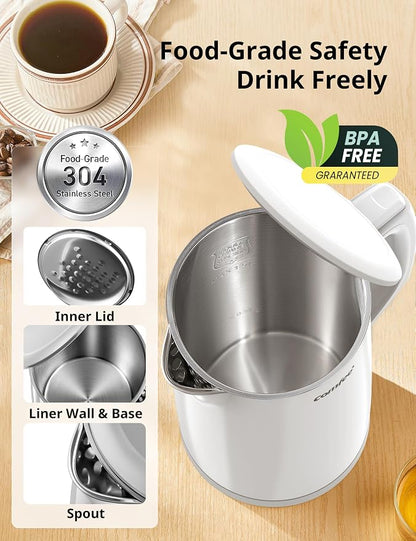 COMFEE' Electric Kettle and Tea Kettle, 1.5L Double Wall, Stainless Steel Interior, Lid & Spout, Fast Boil, Auto-Off, and Boil-Dry Protection, 1500W