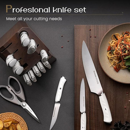 Knife Set, Astercook Kitchen Knife Set with Block, 15 Pcs Luxurious High Carbon German Stainless Steel Knives Set with Full Tang Ergonomic Handle, Dishwasher Safe Knife Set with Sharpening Rod, White