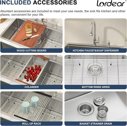 Lordear 33x22 Inch Drop In Kitchen Sink With Faucet - 33 Kitchen Sink With Faucet Combo Workstation 16 Gauge Stainless Steel Single Bowl Topmount Basin with All Accessories, 33x22x10 Inch