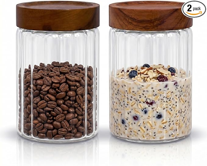 2-pack 28oz Borosilicate Glass Food Storage Jars with Airtight Screw Top Wooden Lids, Leak-Proof Decorative Kitchen Canister for Coffee Sugar Spices Snacks, Overnight Oats, Meal Prep