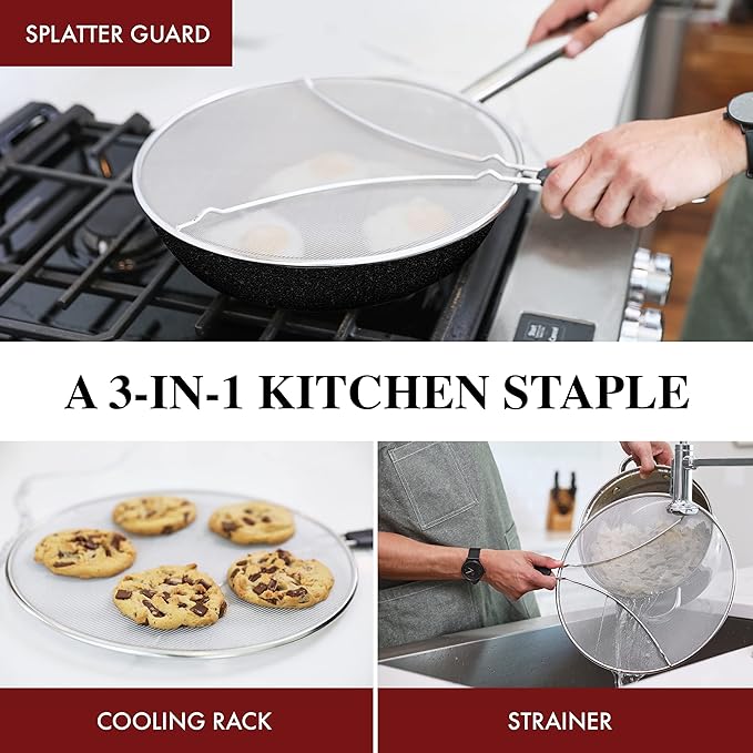 Splatter Screen for Frying Pan - 11.5 Inch Stainless Steel Grease Splatter Guard - Cover Oil Splash when Sizzling Bacon, Cooking Fried Chicken or Popcorn