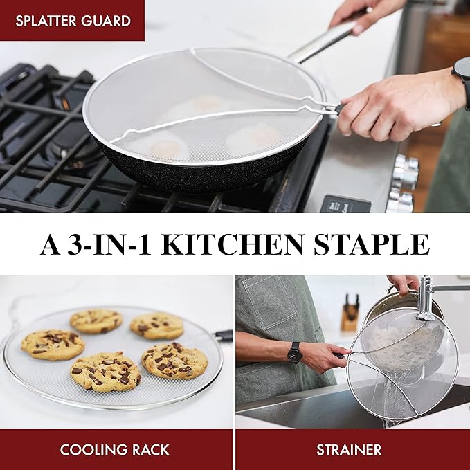 Splatter Screen for Frying Pan - 15 Inch Stainless Steel Grease Splatter Guard - Cover Oil Splash when Sizzling Bacon, Cooking Fried Chicken or Popcorn