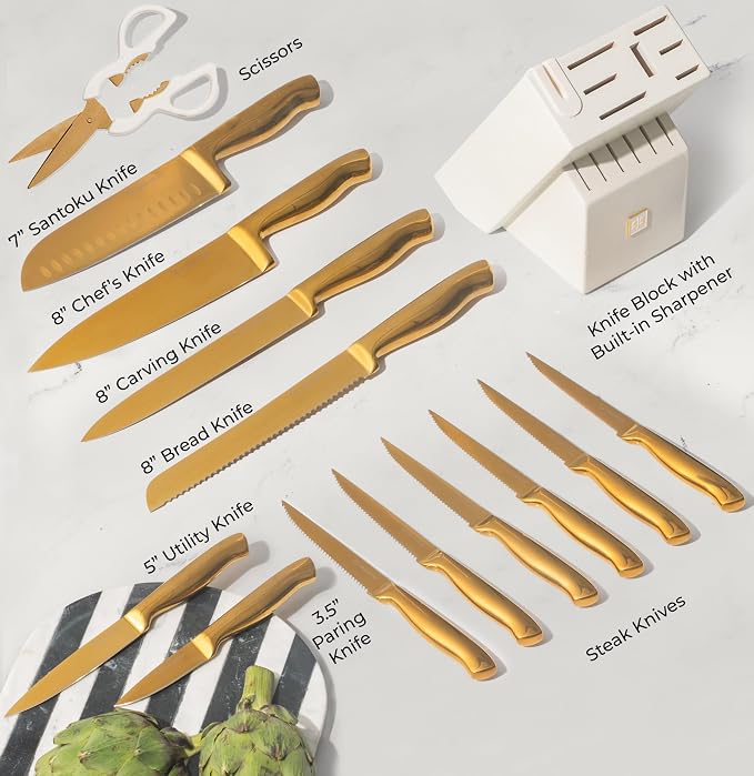 STYLED SETTINGS White and Gold Knife Set with Block – 14-PC Full Tang Titanium-Coated Stainless Steel Gold Knives and White Knife Block with Built-In Sharpener – Luxury Kitchen Accessories