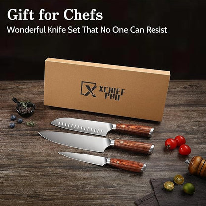 Kitchen Knife Set, 3 Pieces Japanese High Carbon Stainless Steel Chef Cooking Knife Set, Ultra Sharp Professional Chef Santoku Utility Knives (Silver)