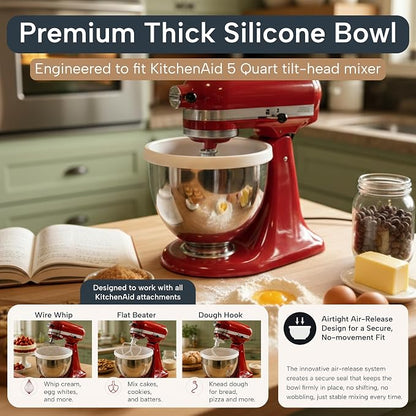 Silicone Bowl Liners for KitchenAid 5Qt Tilt-Head Mixer – Thick Reusable Mixing Bowl Inserts with Lids, Easy to Clean, Heat Resistant Silicone Mixing Bowls Liner - 1 Pack