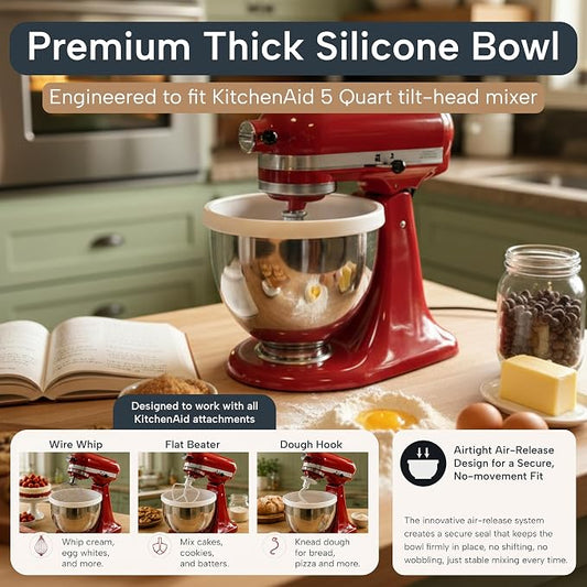 Silicone Bowl Liners for KitchenAid 5Qt Tilt-Head Mixer – Thick Reusable Mixing Bowl Inserts with Lids, Easy to Clean, Heat Resistant Silicone Mixing Bowls Liner - 1 Pack