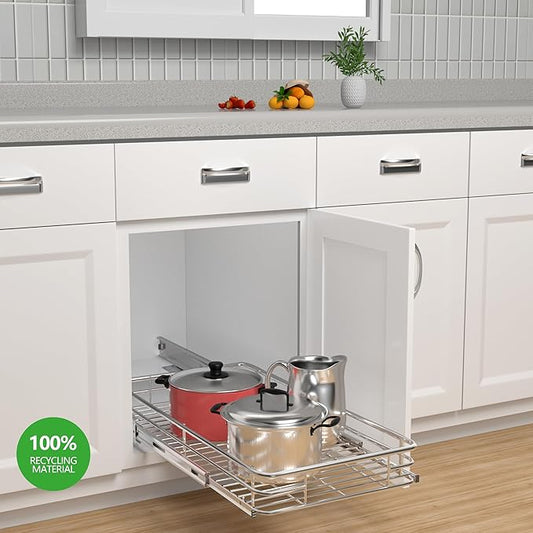 JOWBOOW Cabinet Pull Out Shelves (17" W x 21" D), Heavy-Duty Premium Collection Slide Out Shelves, Metal Roll Out Shelves for Kitchen Cabinets, Anti-Rust Chrome Finish