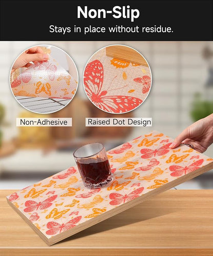 Shelf Liner for Kitchen Cabinets - Non-Adhesive Waterproof and Oil-Proof Drawer Liner, Reusable Protector for Dresser, Wire Shelf, Cupboards(Red Butterfly, 23.6" W x 360" L)