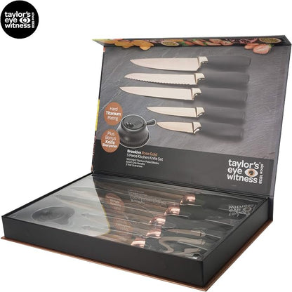 Taylors Eye Witness 5pc Kitchen Knife Gift Set - Brooklyn Rose Gold Colored Bolsters, Matching Razor Sharp Titanium Coated Blades. Soft Grip Handles. 2yr Peace of Mind. Extra Sharpener for Knives