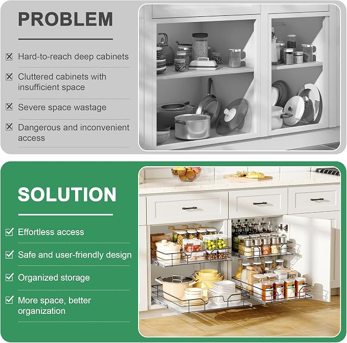 2-Tier Pull Out Cabinet Organizer (20" W x 22" D), Soft Close Cabinet Slide Out Shelves, Heavy Duty Slide Out Drawers with Shelf Liner for Kitchen Cabinets, Pantry Storage, Bathroom
