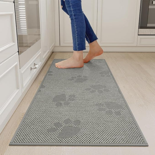YDKGL Kitchen Mats for Floor, Super Absorbent Kitchen Rugs Non Slip Washable, Rubber Backing Soft Woven Linen Embroidery Runner Rug, Standing Mat Kitchen Sink Mat, Easy to Clean, Gray 17x47