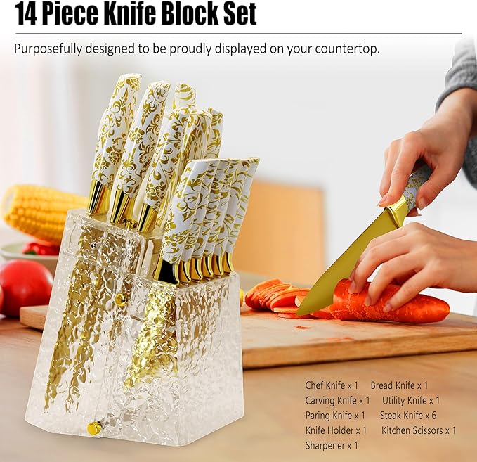 Knife Block Set, Gold Sharp Knives with Acrylic Block, Stainless Steel Kitchen Knife Set with Serrated Steak Knife, Chef Knife, Bread Knife, Scissors, Sharpener, 14Pcs Professional Knife Set for gift