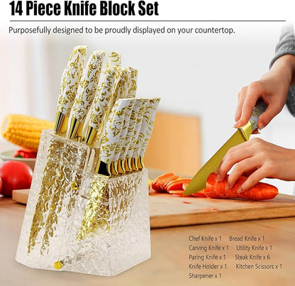 Knife Block Set, Gold Sharp Knives with Acrylic Block, Stainless Steel Kitchen Knife Set with Serrated Steak Knife, Chef Knife, Bread Knife, Scissors, Sharpener, 14Pcs Professional Knife Set for gift