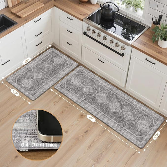 GENIMO Kitchen Mats for Floor 2PCs, Washable Anti Fatigue Mat for Cushioned, 17.3"x47"+17.3"x30", Waterproof Kitchen Rugs, Non Slip Comfort Standing Mat Rug for Home, Sink, Laundry, Ash Gray
