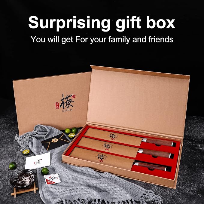 3-Piece Kitchen Knife Set - Santoku, Usuba & Paring Knives, German High Carbon Stainless Steel, Hand-forged with Brazilian Rosewood, Gift Box
