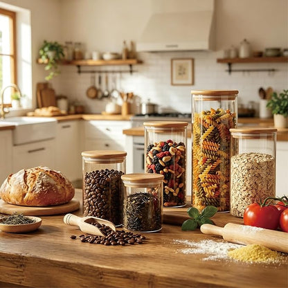 3 Pack 2300 ML / 80 FL Oz Glass Storage Container with Wood Lid, Stackable Clear Decorative Organizer Bottle Canister Pantry Jar with Air Tight Wooden Lid for or Pasta, Spaghetti, Noodles, Food, Coffe