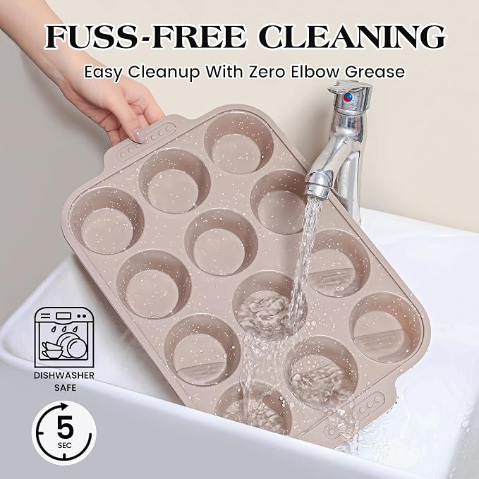 2 Pcs Silicone Muffin Pans for Baking with Metal Reinforced Frame, Nonstick Cupcake Tray for Oven, 12 Cups Regular Size Silicone Molds for Egg Bites, Dishwasher Safe (Brown, Cream)