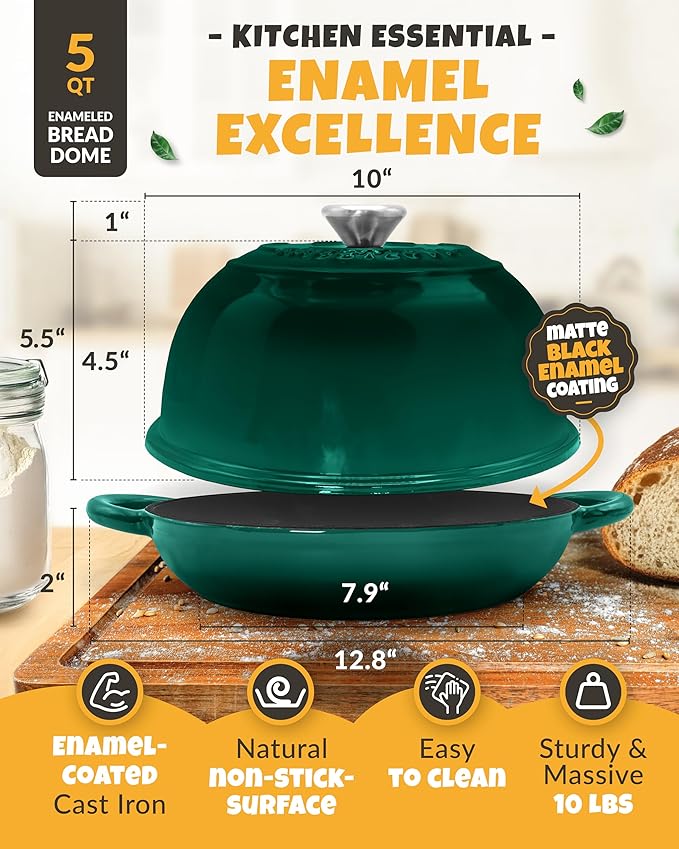 CRUSTLOVE Dutch Oven Bread Baking - 5QT Enamel Bread-Oven - incl Sourdough Bread-Baking Suppliers like Dough Whisk Scoring Lame etc Bread-Dome Cast Iron Bread-Pan with Lid for Sour dough, Bread-makingBottle Green Dome