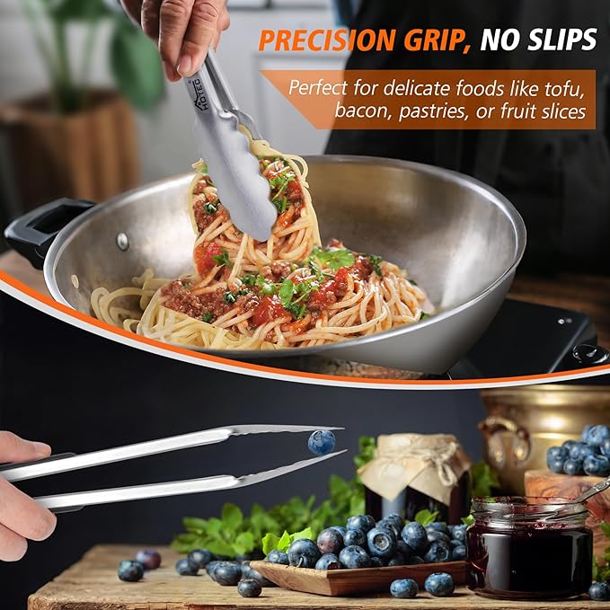 Hotec Stainless Steel Kitchen Tongs, Set of 2-12", Locking Metal Food Tongs for Cooking, Serving, BBQ, Grill Non-Slip Grip