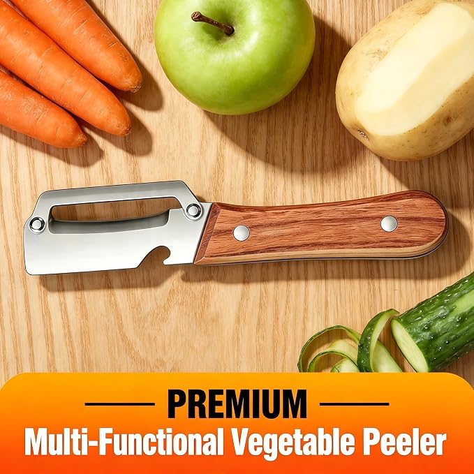 Vegetable Peeler 2 Pack, Multifunctional Stainless Steel Peeler with Wooden Handle and Bottle Opener - 2 in 1 Ultra Sharp Kitchen Tool for Fruit, Veggie, Carrot & Papaya