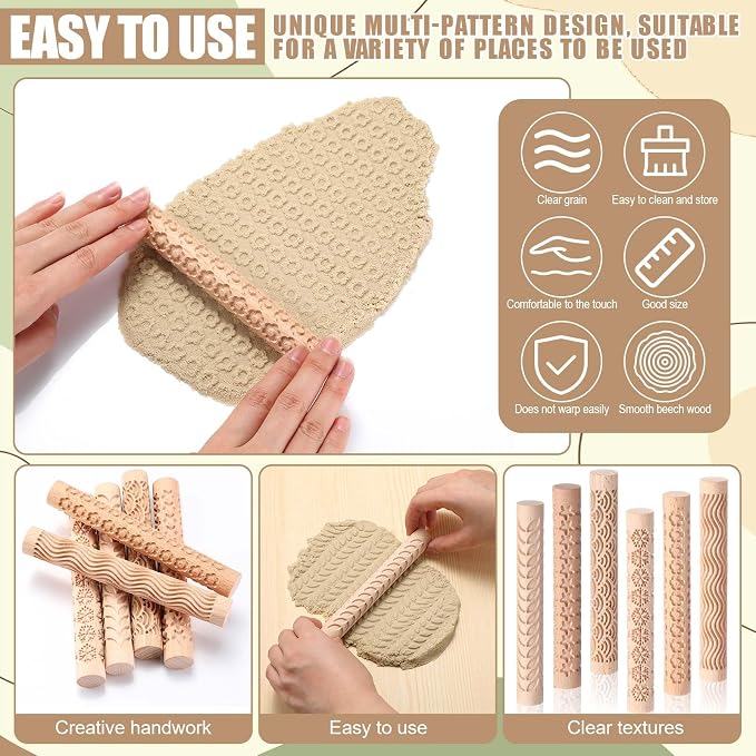 Colingmill 16 Pcs Christmas Pottery Teaching Rolling Mud Stick Guide and Clay Rollers Textured Set Includes 10 Pcs 5 Size Wooden Rolling Pin Guides Sticks 6 Patterns Clay Modeling Pattern Rollers