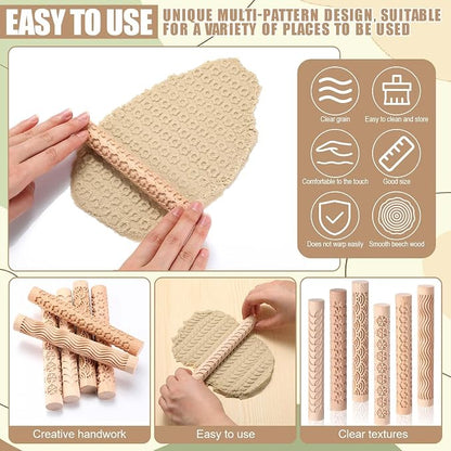 Colingmill 16 Pcs Christmas Pottery Teaching Rolling Mud Stick Guide and Clay Rollers Textured Set Includes 10 Pcs 5 Size Wooden Rolling Pin Guides Sticks 6 Patterns Clay Modeling Pattern Rollers