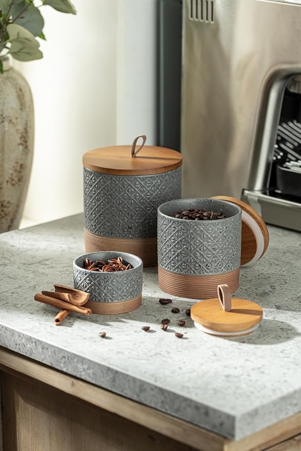 Miamolo Small Ceramic Jar with Lid, Coffee Container Kitchen Food Storage Jars for Sugar Tea Bag, Stackable Decorative Spice Jars for Countertop Coffee Bar Accessories- Gray & 5 fl.oz