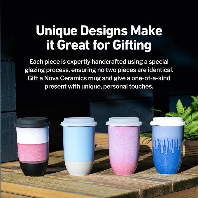 NOVA CERAMICS Coffee Travel Mug – Cup Holder Friendly Travel Mug– Microwave & Dishwasher Safe White & Purple Tumbler - Coffee Mug Fits In Cup Holder – 16oz – Astral Bloom