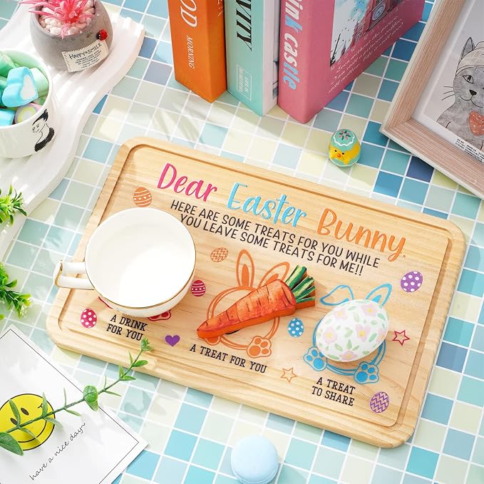 Whaline Easter Wooden Cookie Tray Dear Easter Bunny Cookie Plate Egg Carrot Drink Wooden Treat Plate Rectangle Easter Tray Bundle for Gifts Decoration Supplies, 11.8x7.8 Inch