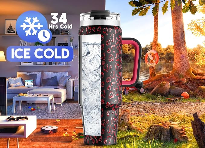 Meoky 40 oz Tumbler with Handle and Straw, Insulated Tumbler with Lid and Straw, Stainless Steel Travel Mug, Keeps Cold for 34 Hours, 100% Leak Proof, Fits in Car Cup Holder (Heart)