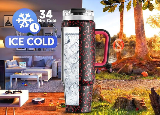 Meoky 40 oz Tumbler with Handle and Straw, Insulated Tumbler with Lid and Straw, Stainless Steel Travel Mug, Keeps Cold for 34 Hours, 100% Leak Proof, Fits in Car Cup Holder (Heart)