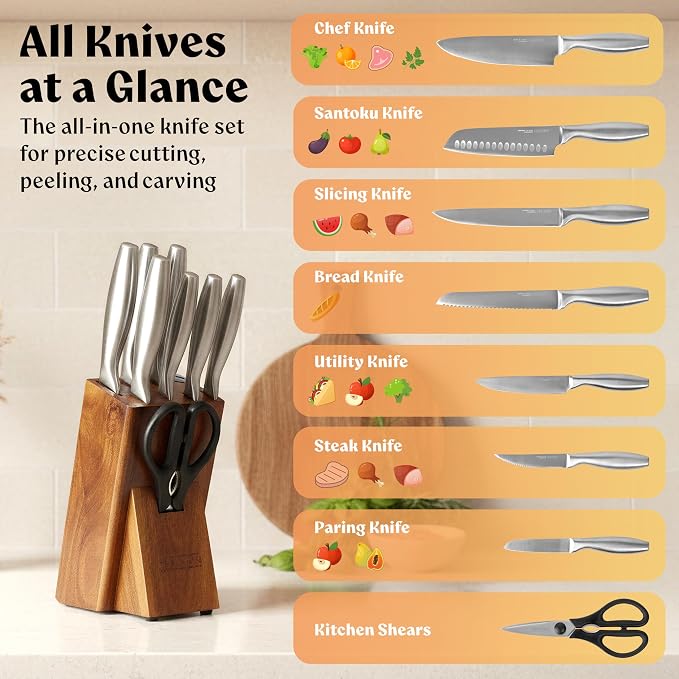 EDELHAUS Knife Set with Block, 9 pcs Kitchen Knife Block Set | Professional Knife Block with Sharpener & Scissors, Stainless Steel Kitchen Knife Set with Acacia Wood Block & Steel Handles