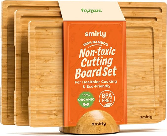 SMIRLY Bamboo Cutting Boards for Kitchen - Wood Cutting Board for Meal Prep, Serving, Charcuterie - Kitchen Gadgets, House Warming Gifts - Wooden Chopping Board Set of 3 with Holder - Natural Bamboo