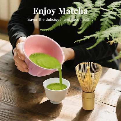 Renmxj Matcha Whisk Set,7 PCS Ceramic Matcha Kit Includes Matcha Bowl with Spout, Matcha Whisk and Holder, Bamboo Scoop, Stainless Sifter, Tea Towel, Unique Gift for Matcha Lovers (Pink)