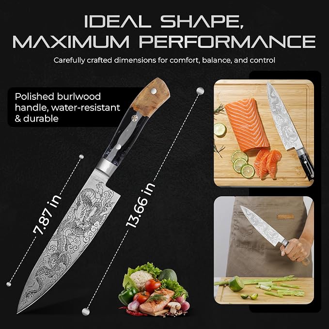 8 Inch Chef Knife - Stainless Steel, Sharp Kitchen Knife, Ergonomic Cooking Knife, Japanese Style, For Cooking, Chopping. Gift Box Included