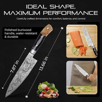 8 Inch Chef Knife - Stainless Steel, Sharp Kitchen Knife, Ergonomic Cooking Knife, Japanese Style, For Cooking, Chopping. Gift Box Included