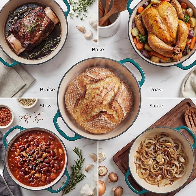 Zulay Kitchen 5 Quart Enameled Cast Iron Dutch Oven Pot with Lid – Premium Durability & Oven Safe up to 500°F – Heavy Duty Cookware Perfect for Bread Baking, Stews, Braising & Roasting – Emerald