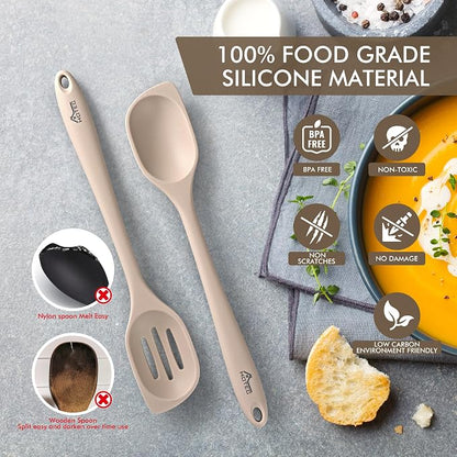 HOTEC Heat Resistant Silicone Cooking Spoon Spatula, Large Kitchen Solid and Slotted Spoons for Mixing, Serving, Scraping, Non-stick, Dishwasher Safe Khaki 12.5inch