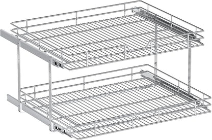 2-Tier Pull Out Cabinet Organizer, 28.5" W x 21.5" D, Heavy Duty Dual Slide Out Shelves for Wide Base Cabinets, Chrome Wire Basket Drawer for Pots, Pans, Pantry & Cleaning Supplies