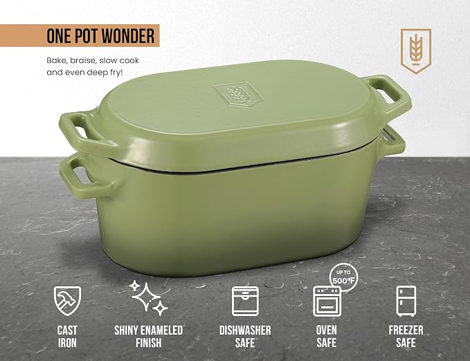 KooK Oval Loaf Shaped Cast Iron Dutch Oven for Bread Baking, 3.4 Qt Sourdough Dutch Oven with Lid, Enameled, Lid Lever, Dual Handles, Dishwasher Safe, 500°F, Sage Ombre