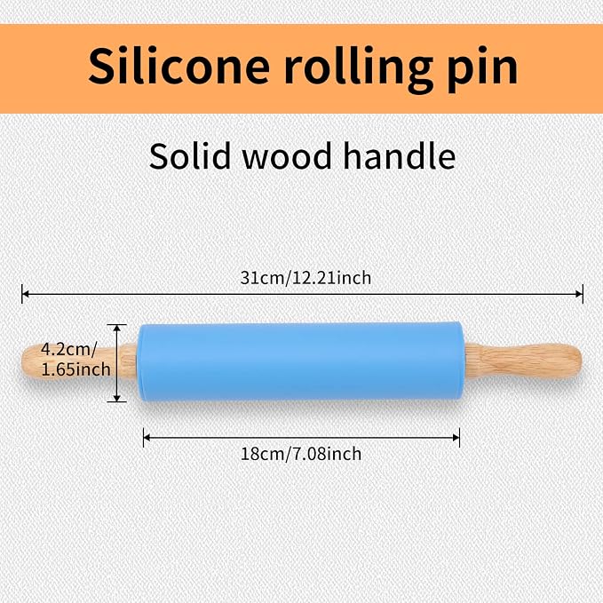 Silicone Rolling Pin for Kids Non-Stick Surface Wooden Handle,12 Inch 1 Pack