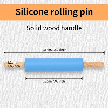 Silicone Rolling Pin for Kids Non-Stick Surface Wooden Handle,12 Inch 1 Pack