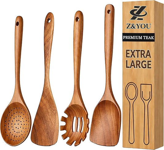 Extra-Large 4-Piece Teak Wooden Utensil Set – Non-Stick Wooden Spatula for Cooking, Skimmer Spoon & Spaghetti Spoon – Non Toxic Cooking Utensils
