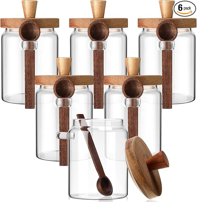 Remerry Set of 6 Glass Jar with Wooden Lid and Spoon, 20 oz Coffee Bean Tea Sugar Jar Set, Clear Airtight Spice Canisters Glass Food Storage Kitchen Containers for Coffee Bean Tea Sugar